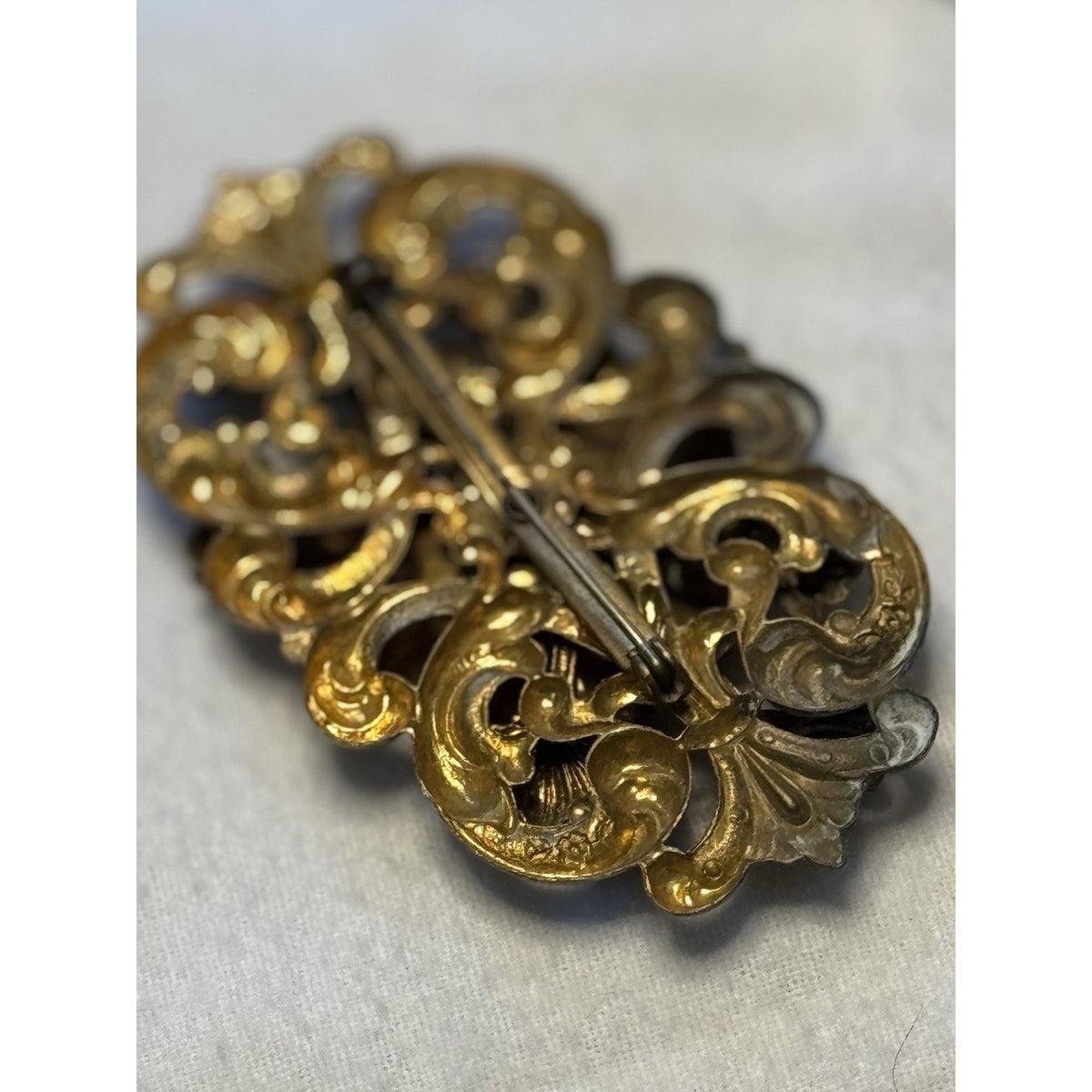 Antique Late Victorian Rococo Revival Brooch, c. 1870–1895 Black Glitter Floral