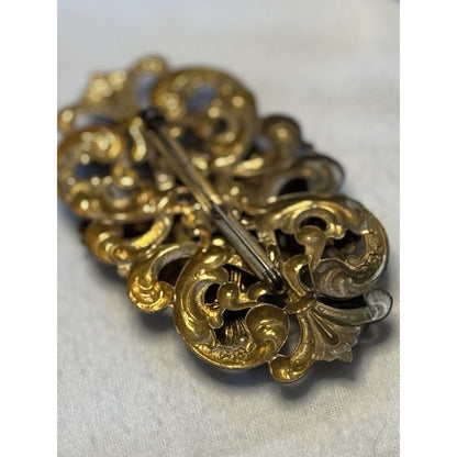 Antique Late Victorian Rococo Revival Brooch, c. 1870–1895 Black Glitter Floral