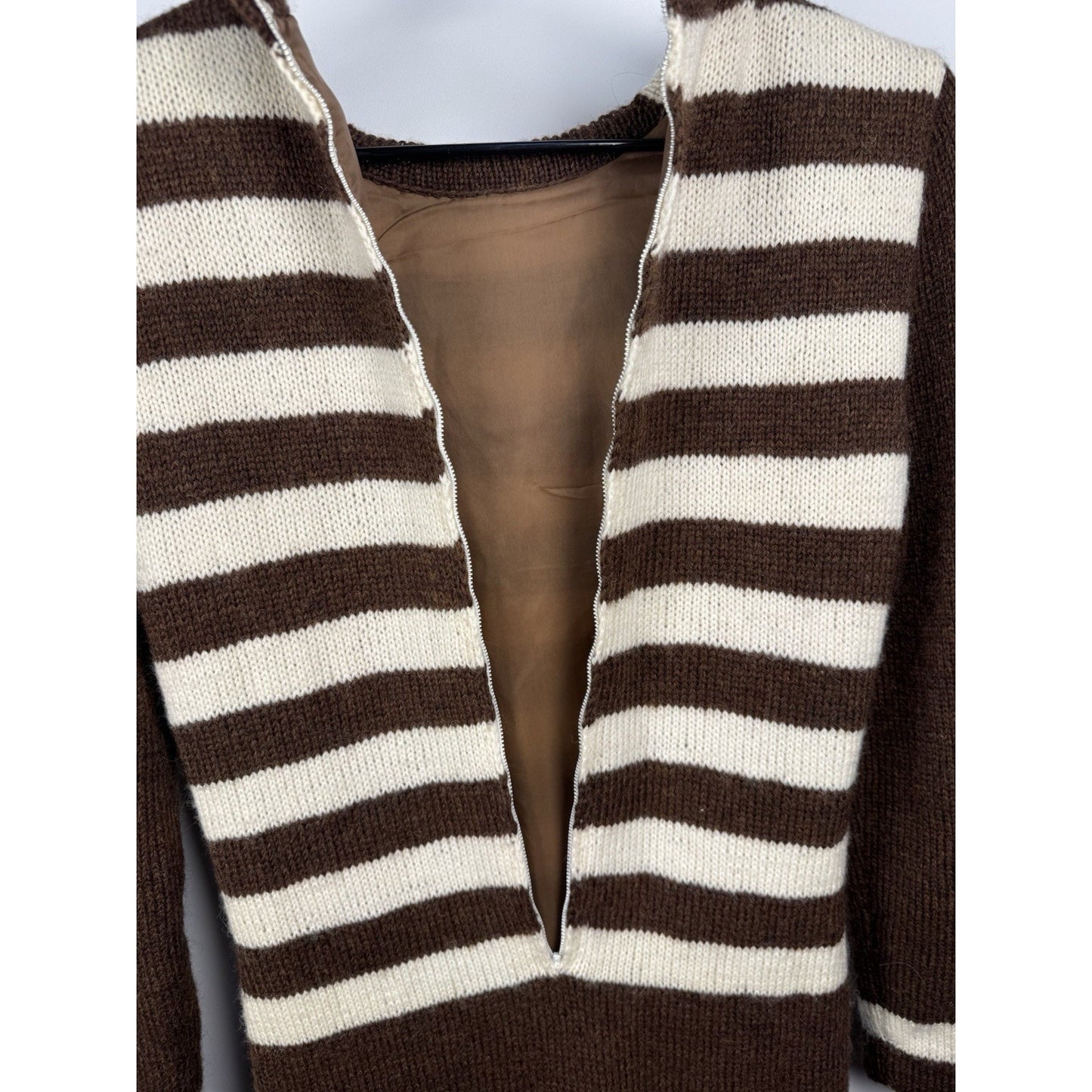 1950s Wool Striped Knit Dress Brown White Secretary Mad Men Pin Up Small-Med