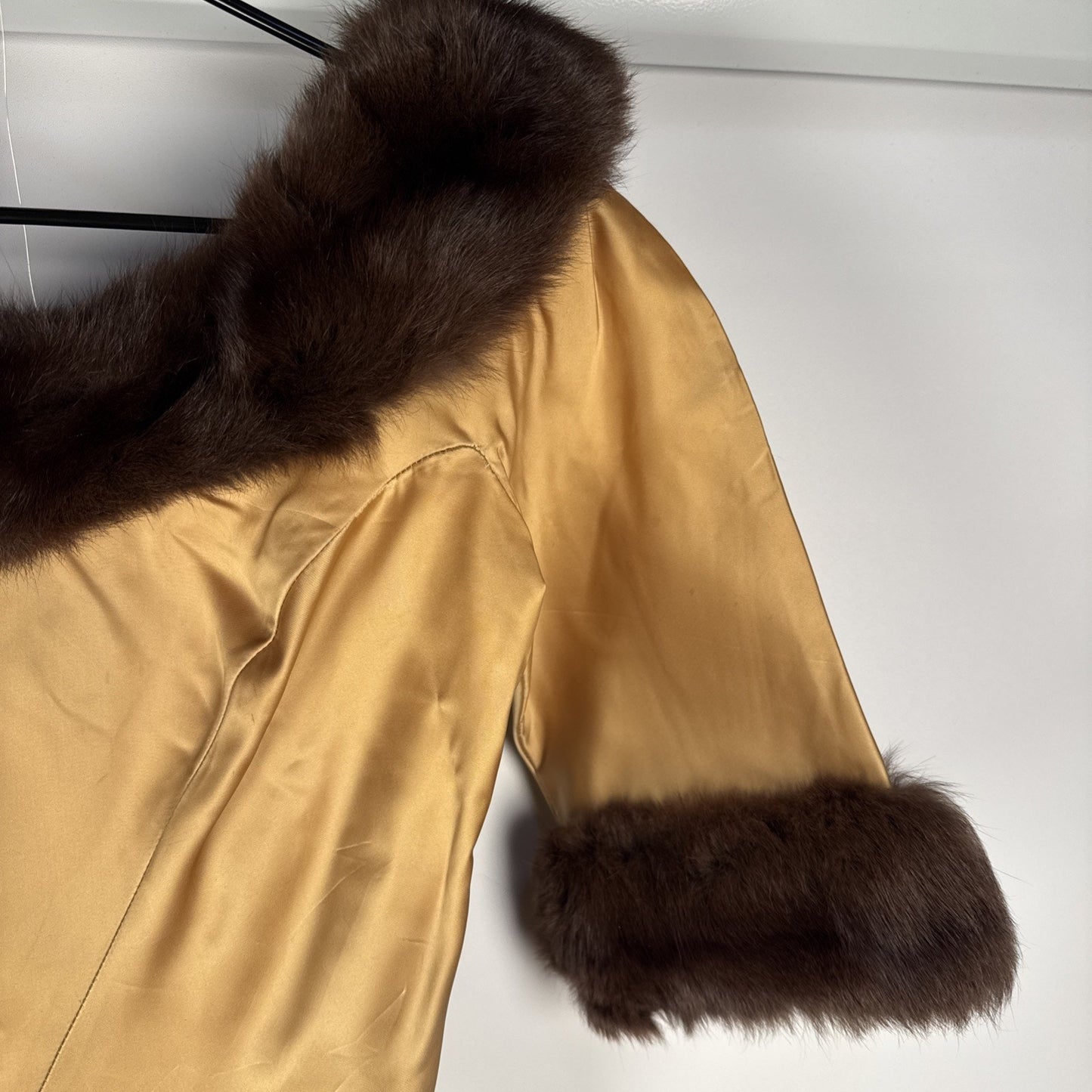 RARE 1940s Martha Phillips Couture Gold Wedding Guest Evening Gown With Fur Trim