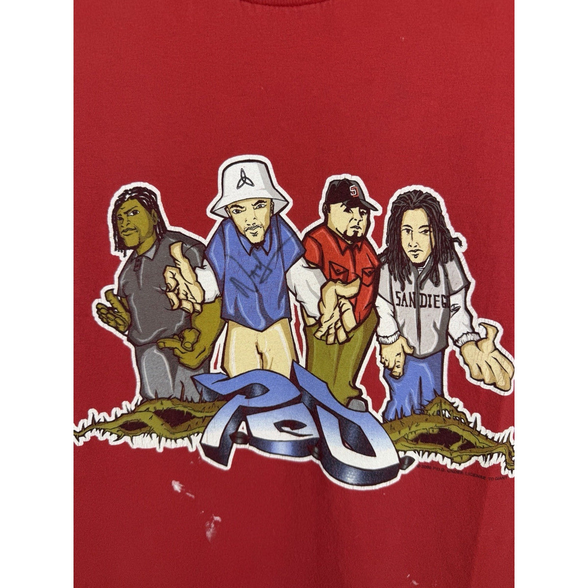 Vintage 2000 P.O.D. Payable on Death cartoon tee, thrashed, L