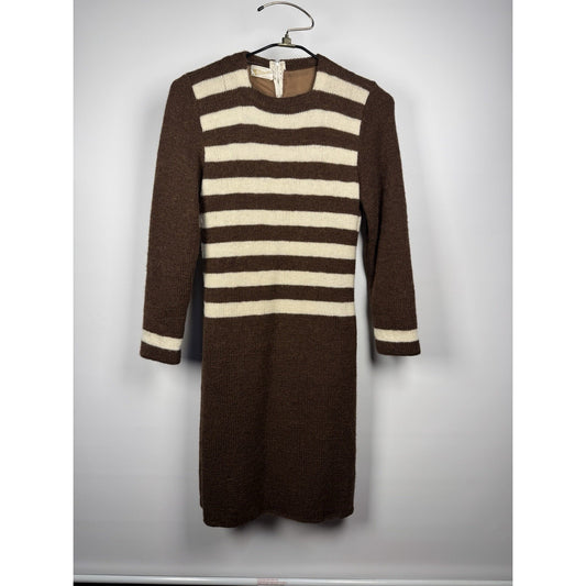 1950s Wool Striped Knit Dress Brown White Secretary Mad Men Pin Up Small-Med