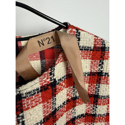 N21 Women Boucle Cotton Woven Top Large Blue/red/white Plaid 40 21x24