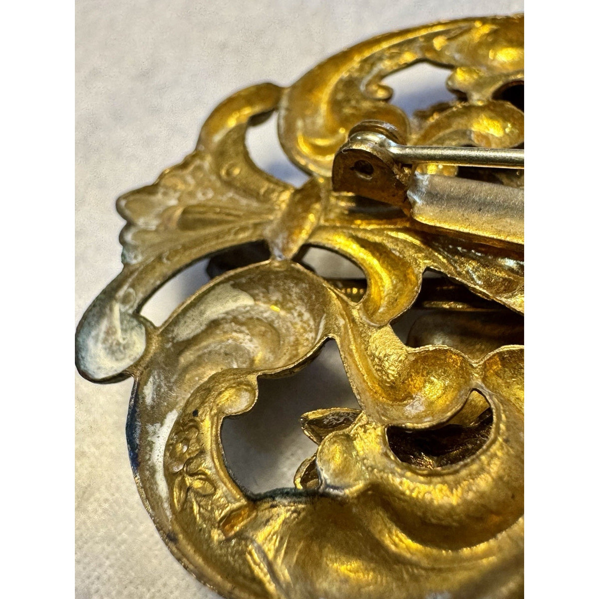 Antique Late Victorian Rococo Revival Brooch, c. 1870–1895 Black Glitter Floral