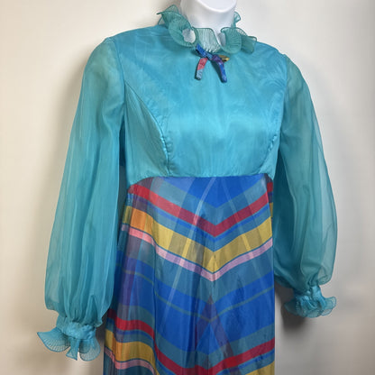 Vintage 1970s Dress Maxi Chiffon Overlay Bow Blue Pink Plaid L/XL Stunning