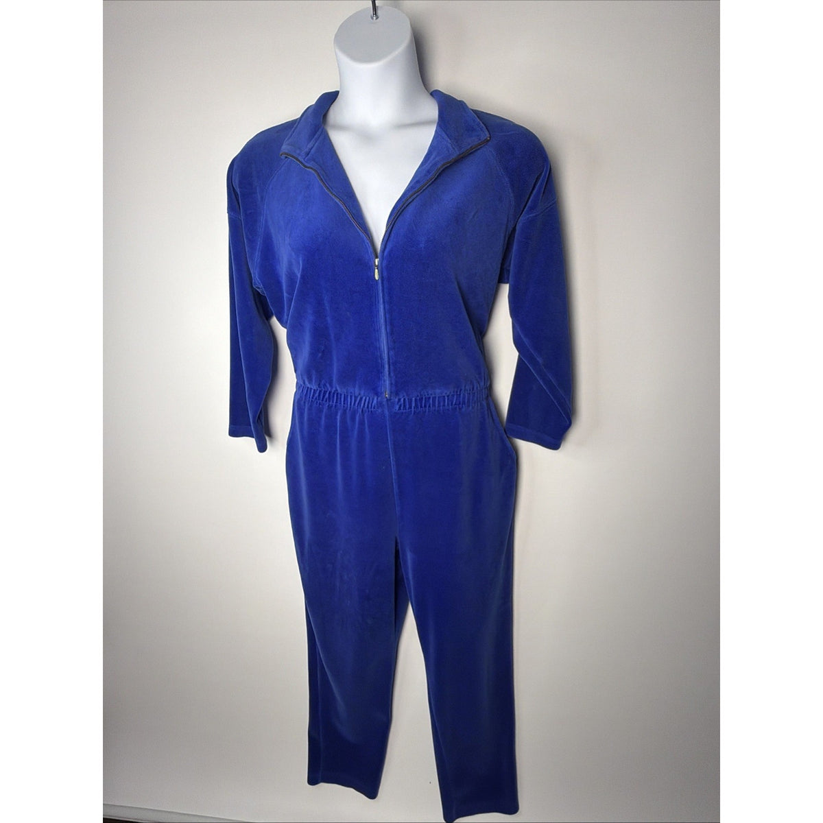 Vintage 1980s Nordstrom blue velour full zip jumpsuit with pockets, L