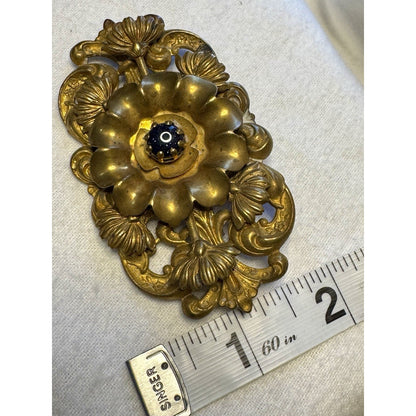 Antique Late Victorian Rococo Revival Brooch, c. 1870–1895 Black Glitter Floral