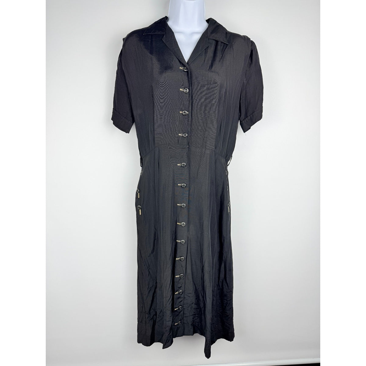 Vtg 40s Black Rayon Crepe Shirtwaist Day Dress Metal Zip Noir Pinup Medium