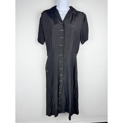 Vtg 40s Black Rayon Crepe Shirtwaist Day Dress Metal Zip Noir Pinup Medium