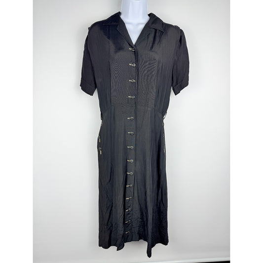 Vtg 40s Black Rayon Crepe Shirtwaist Day Dress Metal Zip Noir Pinup Medium