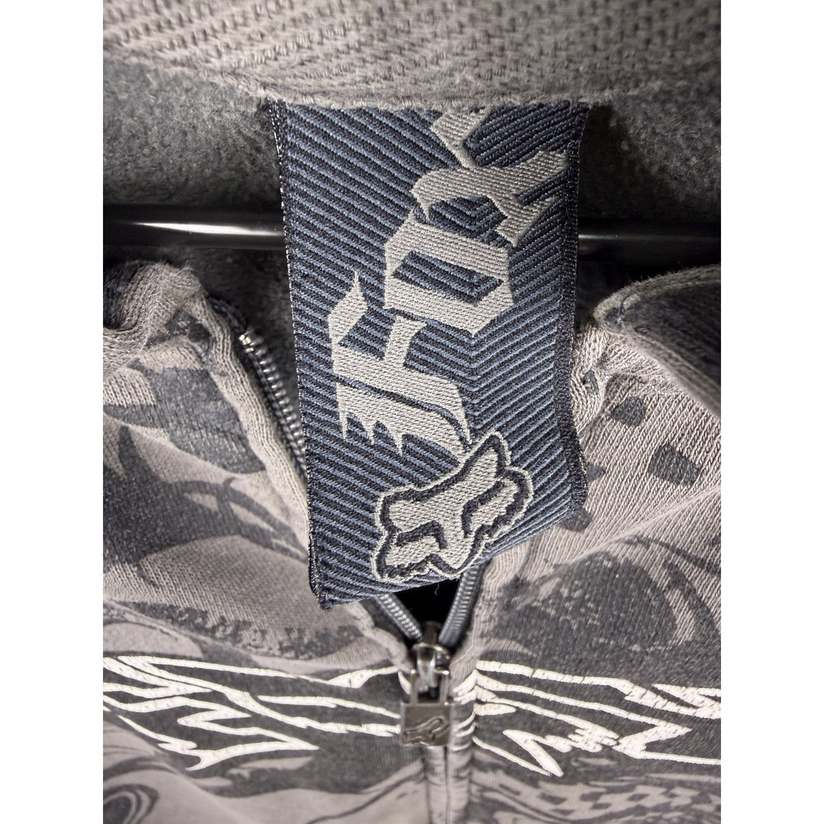 Vintage Y2K Fox Racing tribal all-over print zip hoodie, thrashed, XL