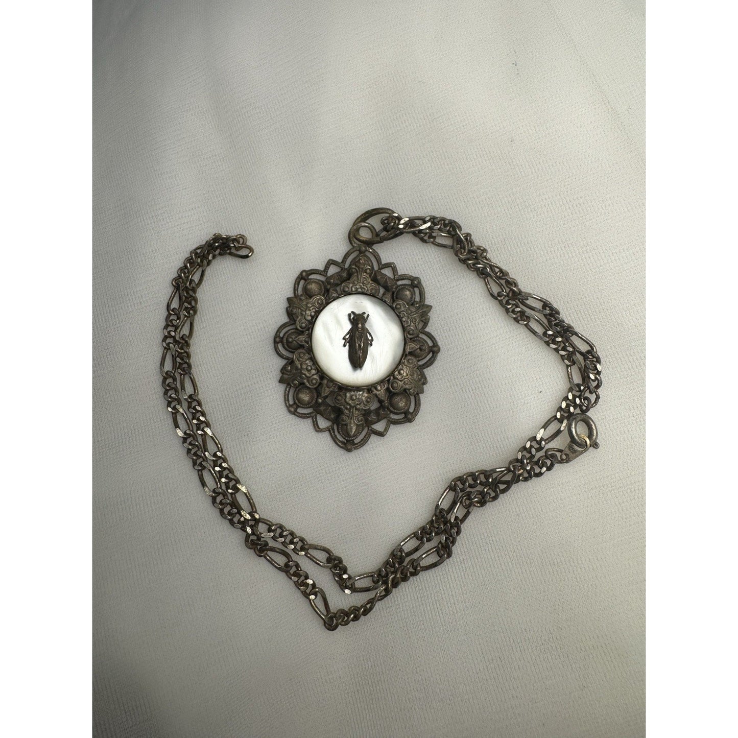 Antique c. 1820–1845 Mother-of-Pearl Cicada Necklace, Open Metalwork Hand Made
