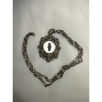 Antique c. 1820–1845 Mother-of-Pearl Cicada Necklace, Open Metalwork Hand Made