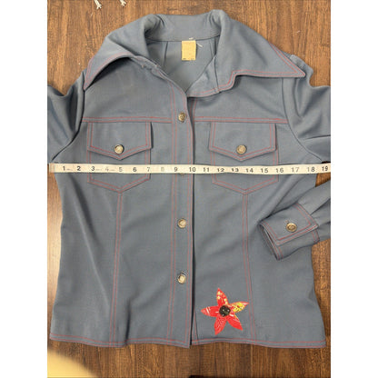Vtg 70s Poly Chambray Folk Art Shirt Patchwork Appliqué Flowers Hippie