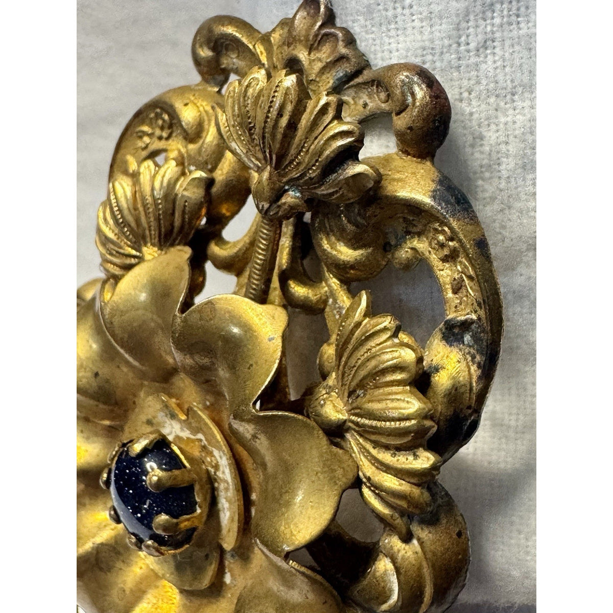 Antique Late Victorian Rococo Revival Brooch, c. 1870–1895 Black Glitter Floral
