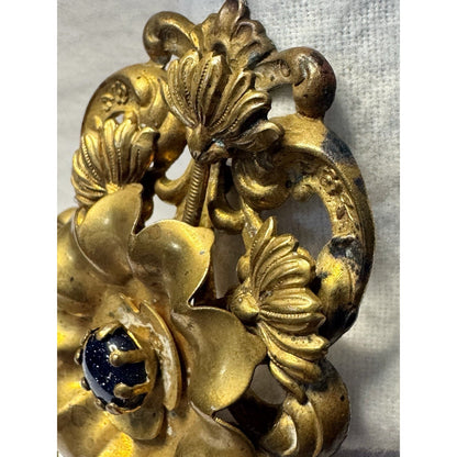 Antique Late Victorian Rococo Revival Brooch, c. 1870–1895 Black Glitter Floral