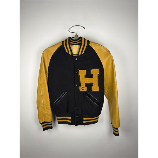 Vintage 1940s-50s black wool and gold leather varsity jacket, H patch
