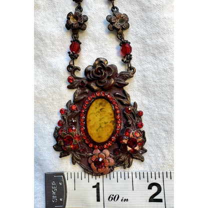 Antique Victorian Painted Glass Floral Necklace Bronze Red Glass Pendant
