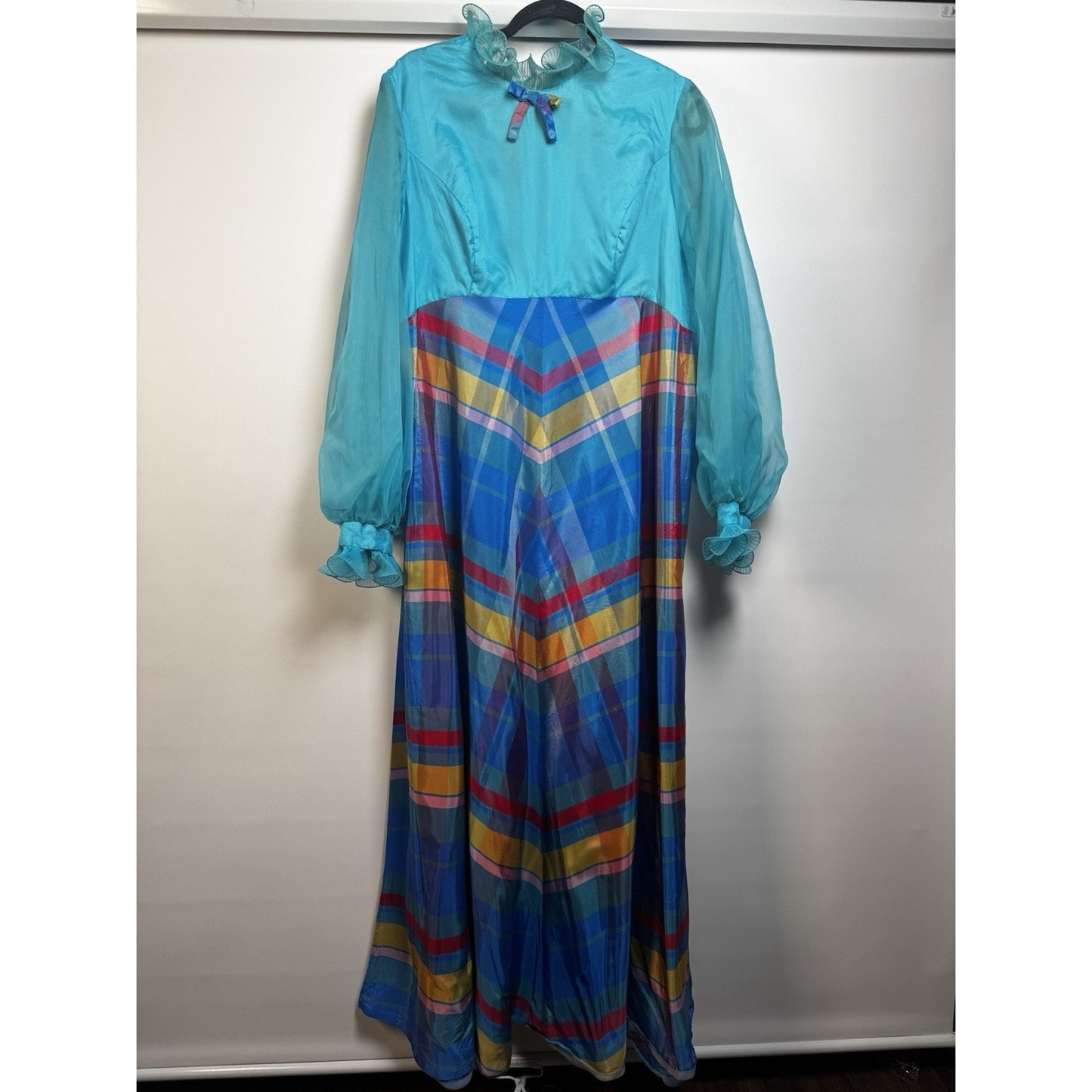 Vintage 1970s Dress Maxi Chiffon Overlay Bow Blue Pink Plaid L/XL Stunning