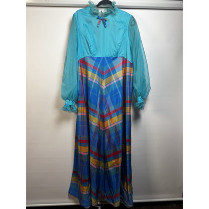 Vintage 1970s Dress Maxi Chiffon Overlay Bow Blue Pink Plaid L/XL Stunning