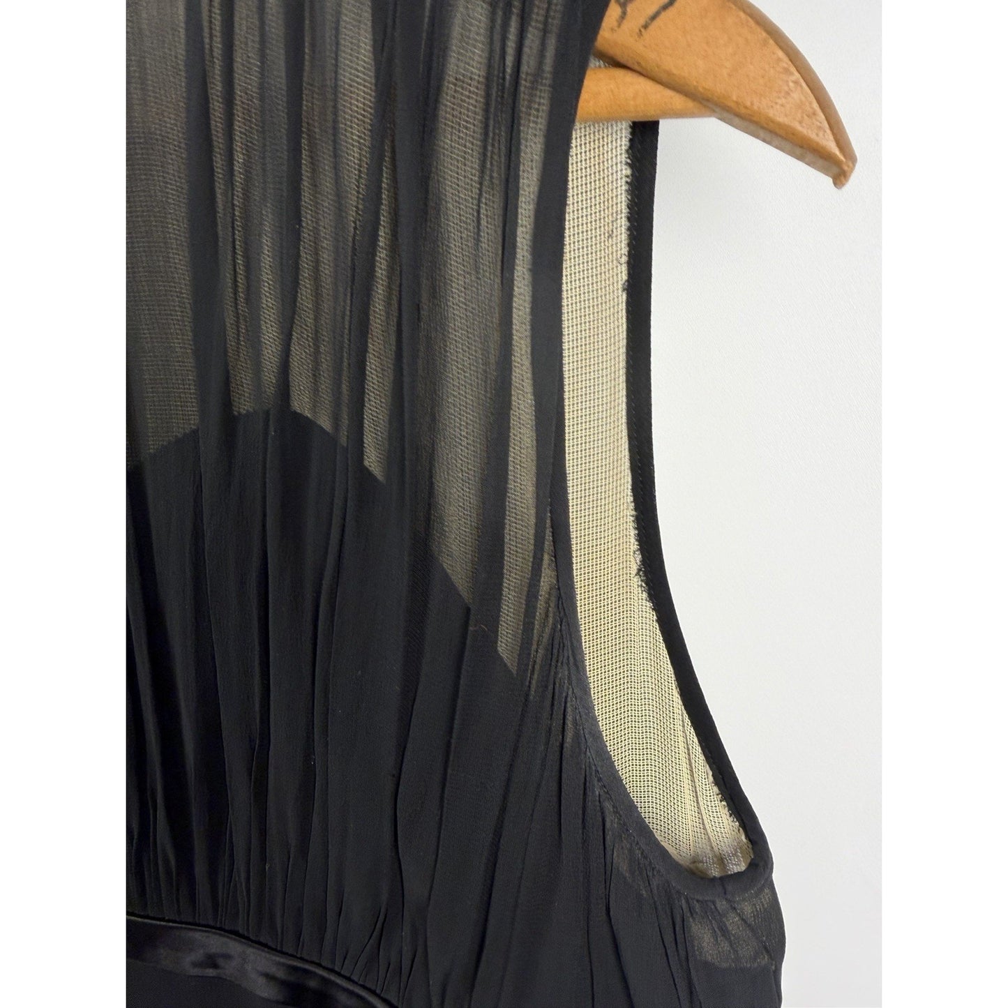 Vintage 1950s Mid Century Retro Black Chiffon Pleated Fit Flare Sleeveless Dress