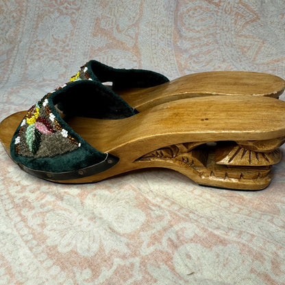 1970s hand-carved wooden, beaded, velvet wedge heels size 10