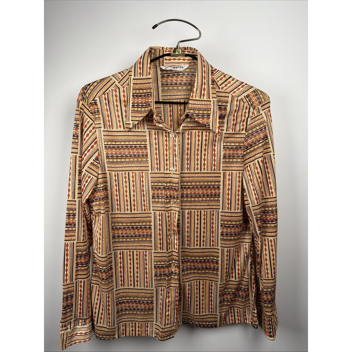 1970s disco dagger Collar novelty shirt abstract orange brown Pattern east Large