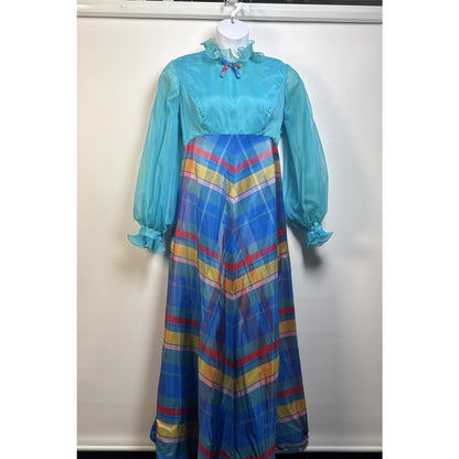 Vintage 1970s Dress Maxi Chiffon Overlay Bow Blue Pink Plaid L/XL Stunning