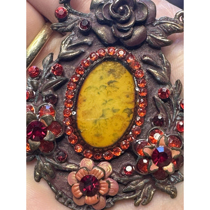 Antique Victorian Painted Glass Floral Necklace Bronze Red Glass Pendant