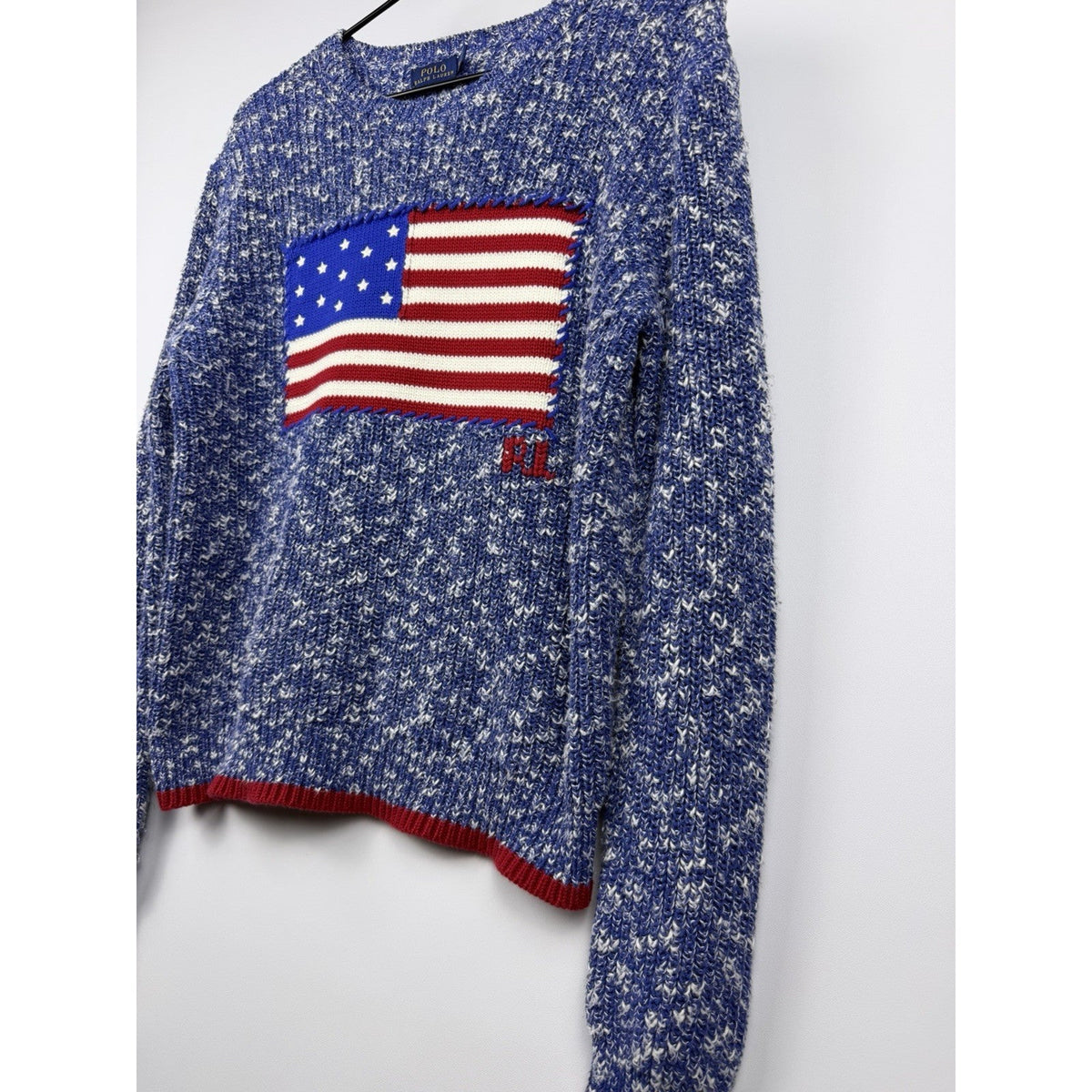 Polo Ralph Lauren American Flag Knit Sweater Blue White Marled Womens Medium