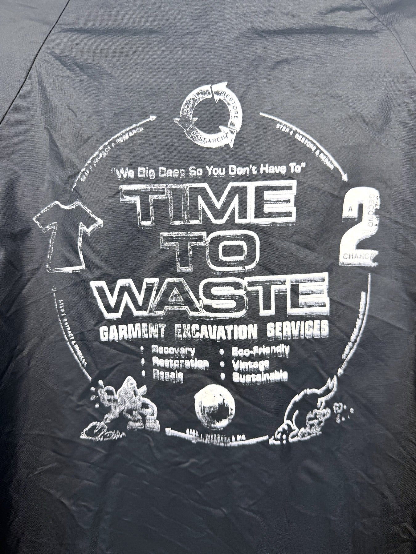 Time to Waste screenprint detail on Duckster windbreaker