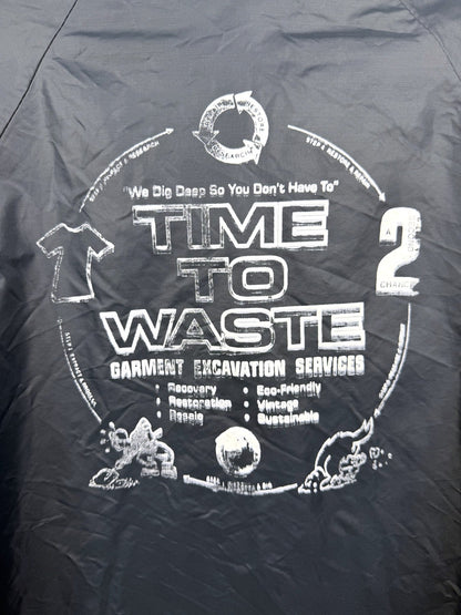 Time to Waste screenprint detail on Duckster windbreaker
