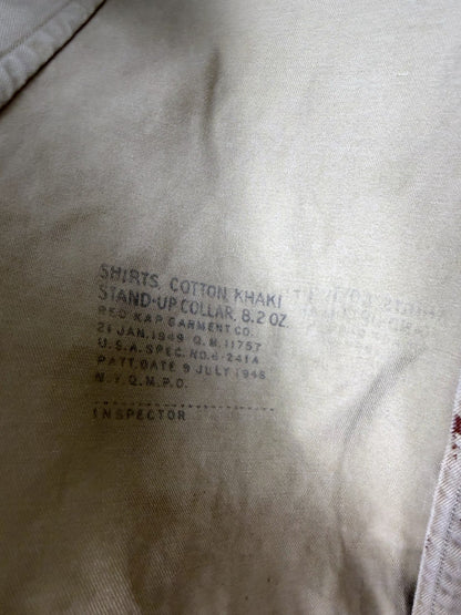 1949 khaki military work shirt — stain detail