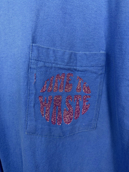 Bright blue Time to Waste pocket tee — detail