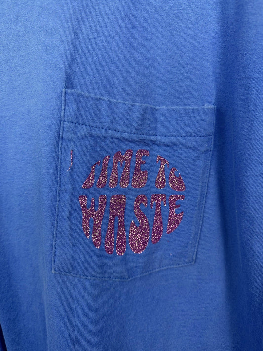 Bright blue Time to Waste pocket tee — detail