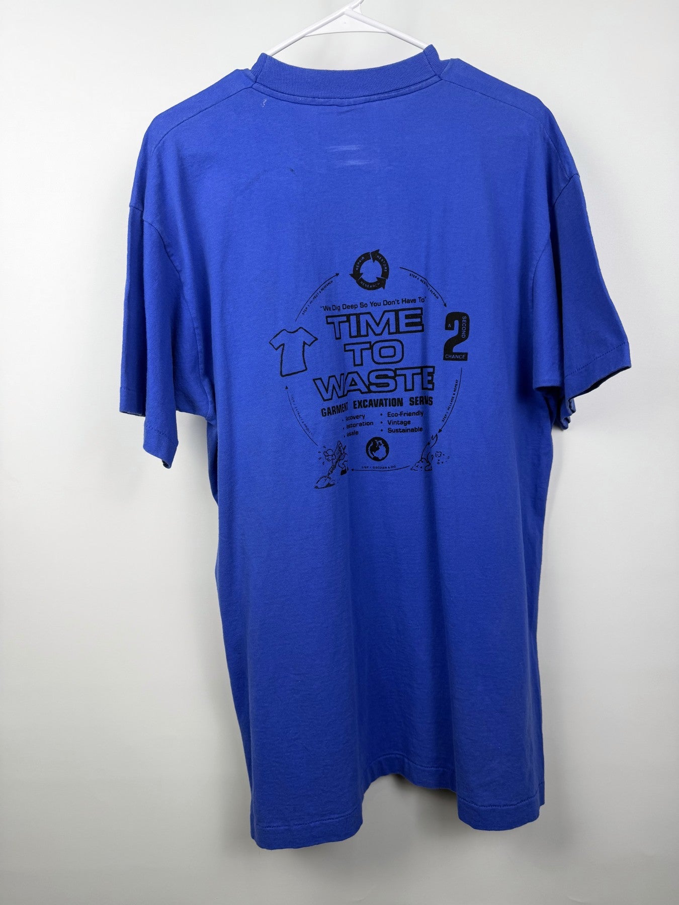 Bright blue Time to Waste pocket tee — detail