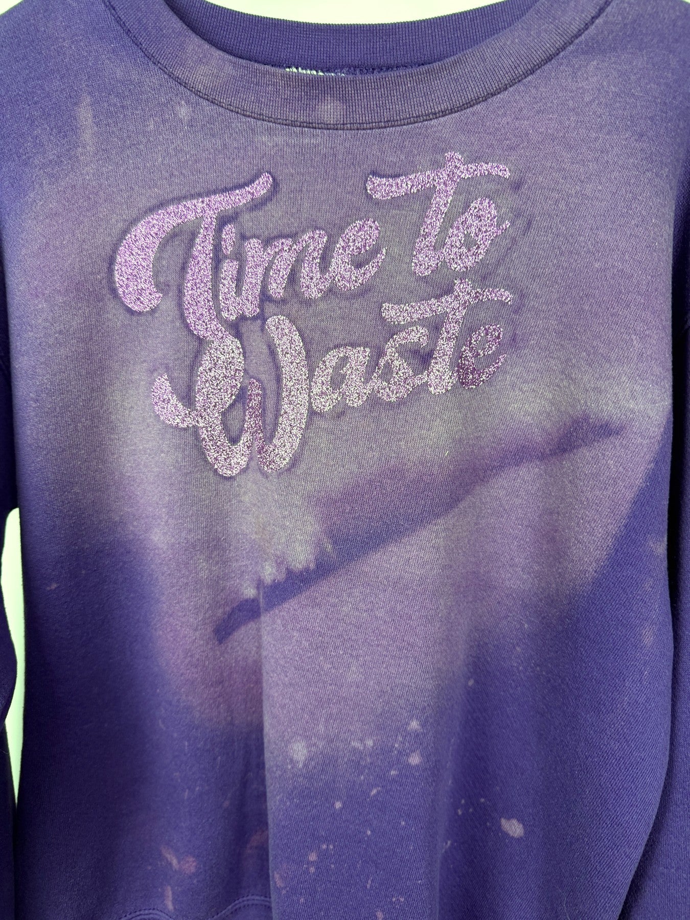 Purple bleached glittered Time to Waste sweatshirt — detail