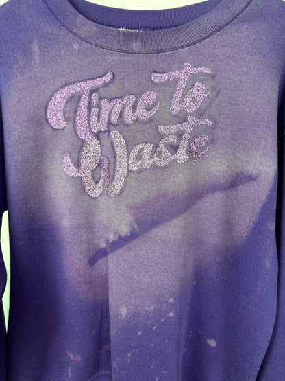 Purple bleached glittered Time to Waste sweatshirt — detail
