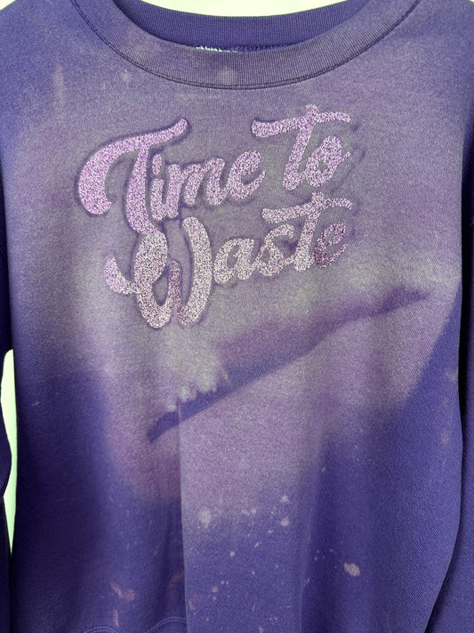 Purple bleached glittered Time to Waste sweatshirt — detail