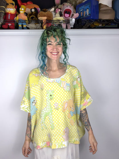 Upcycled baby animal blanket top, yellow dots, by Time to Waste