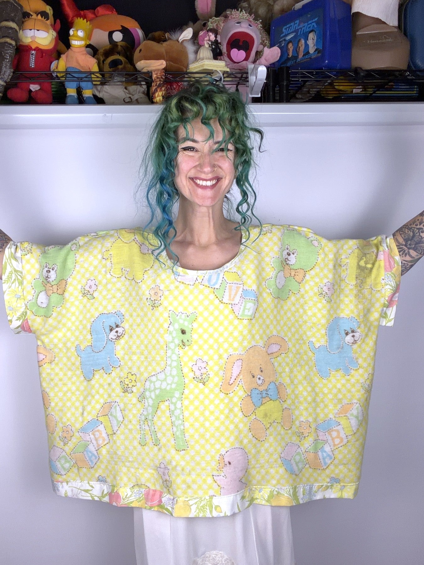 Upcycled baby animal blanket top, yellow dots — view 2