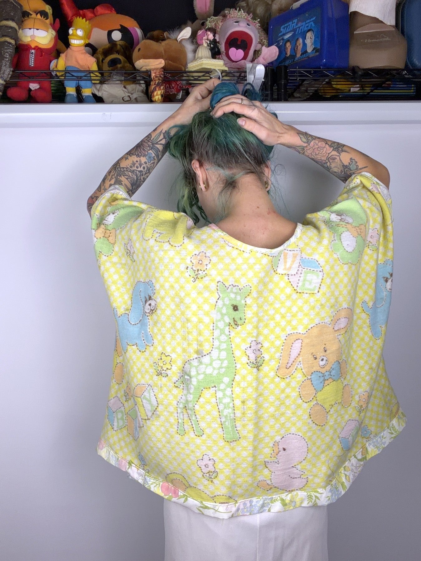 Upcycled baby animal blanket top, yellow dots — view 3