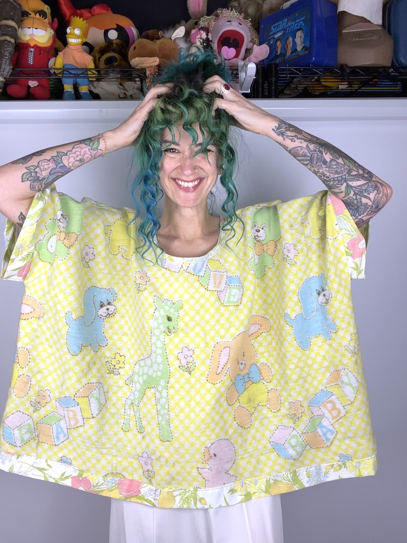 Upcycled baby animal blanket top, yellow dots — view 4