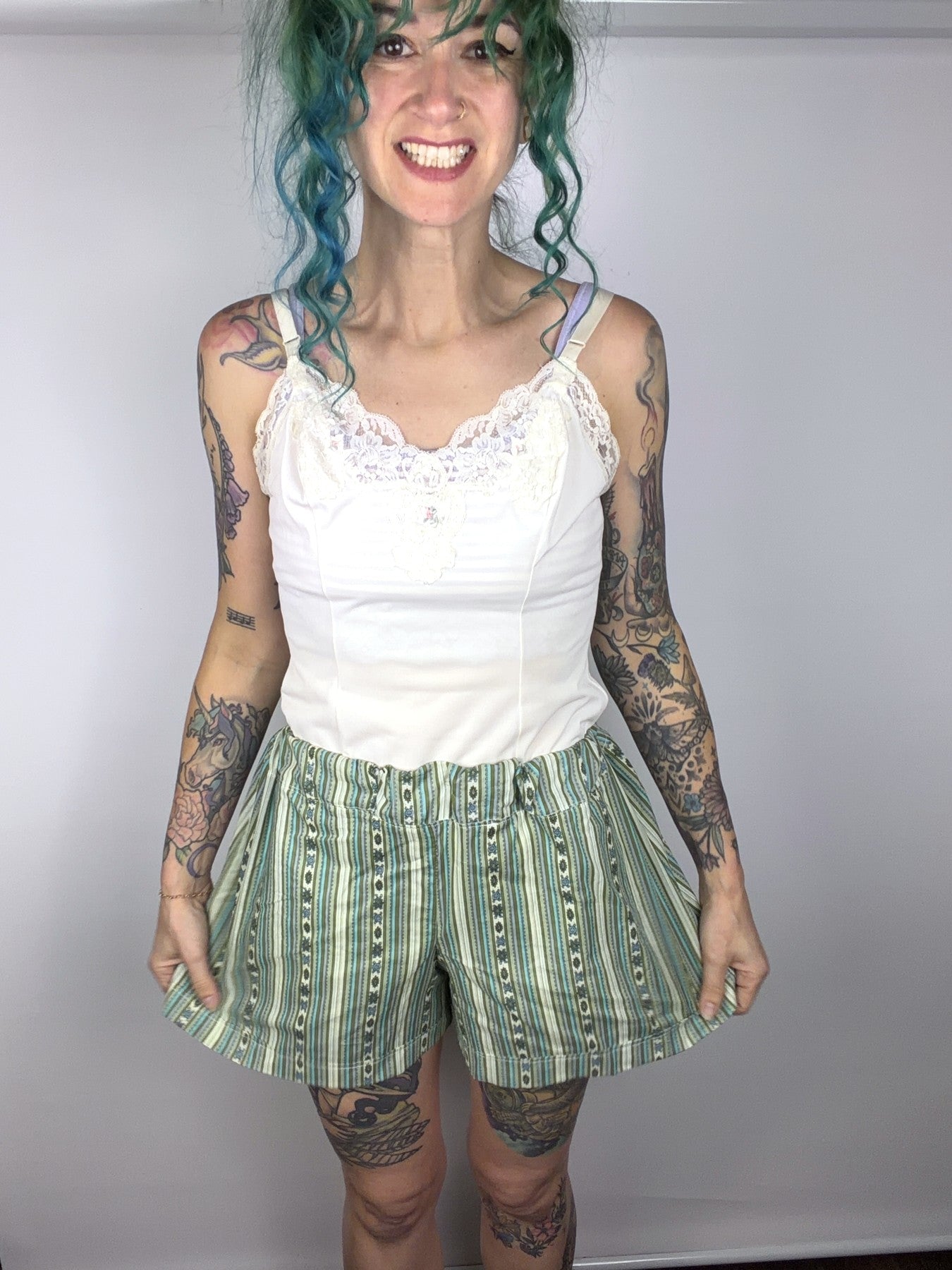 Upcycled green striped sheet shorts by Time to Waste