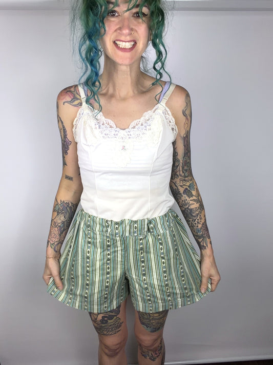 Upcycled green striped sheet shorts by Time to Waste