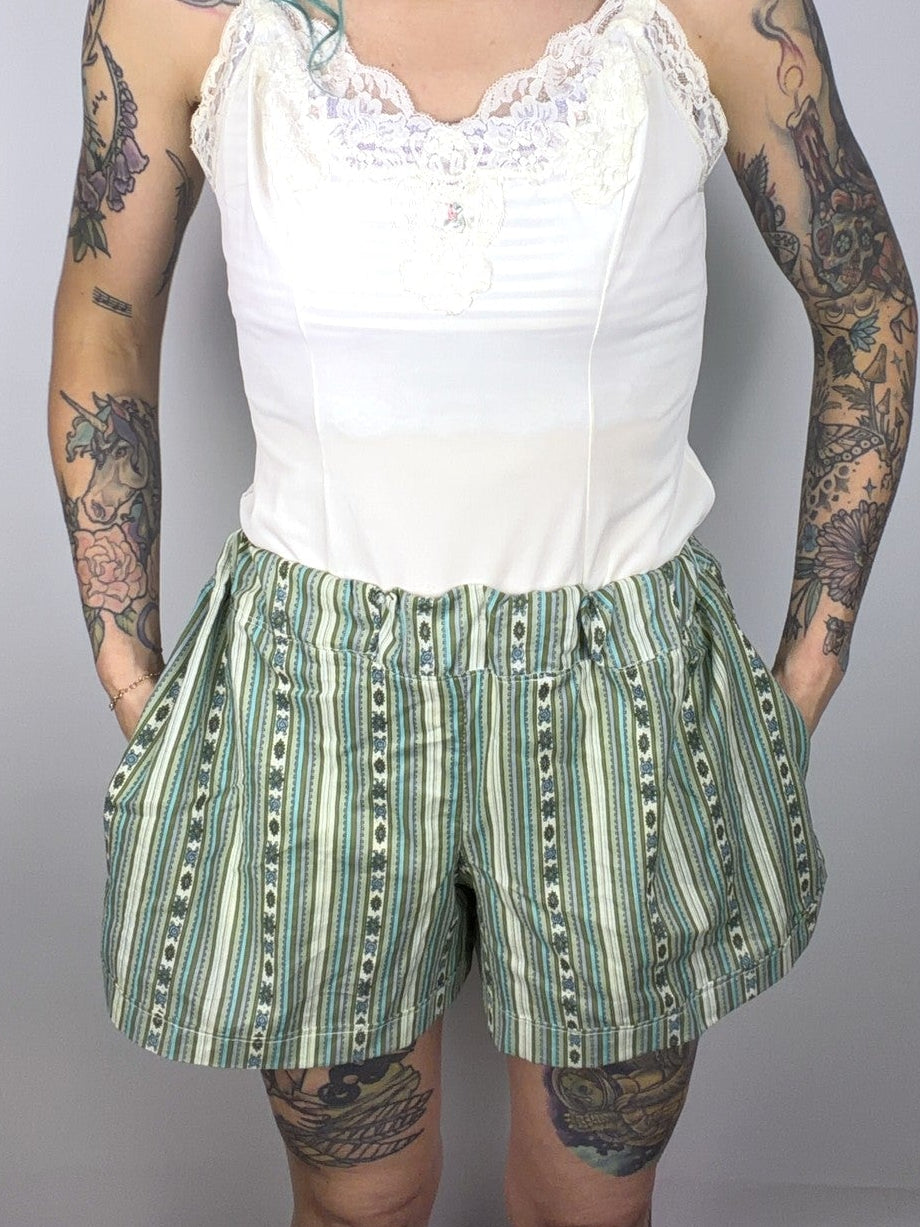 Upcycled green striped sheet shorts — view 2