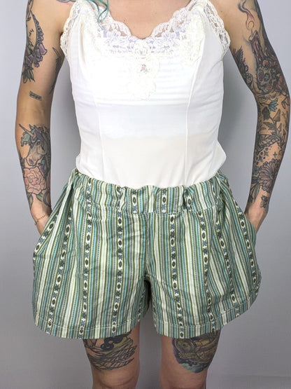 Upcycled green striped sheet shorts — view 2