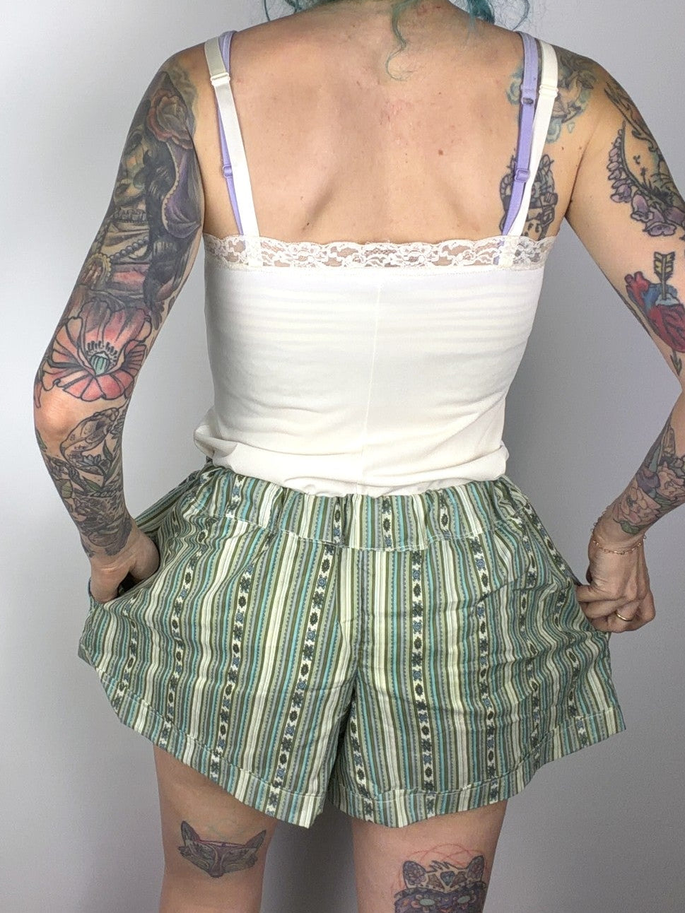 Upcycled green striped sheet shorts — view 3