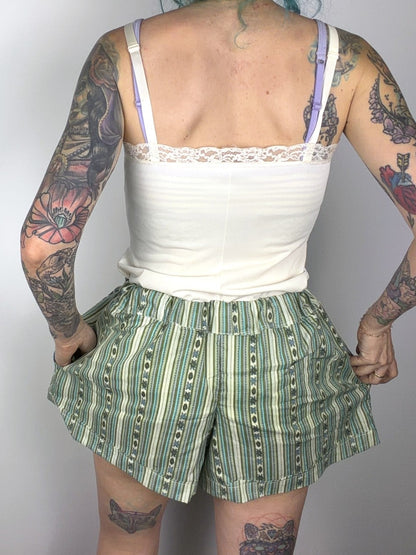 Upcycled green striped sheet shorts — view 3