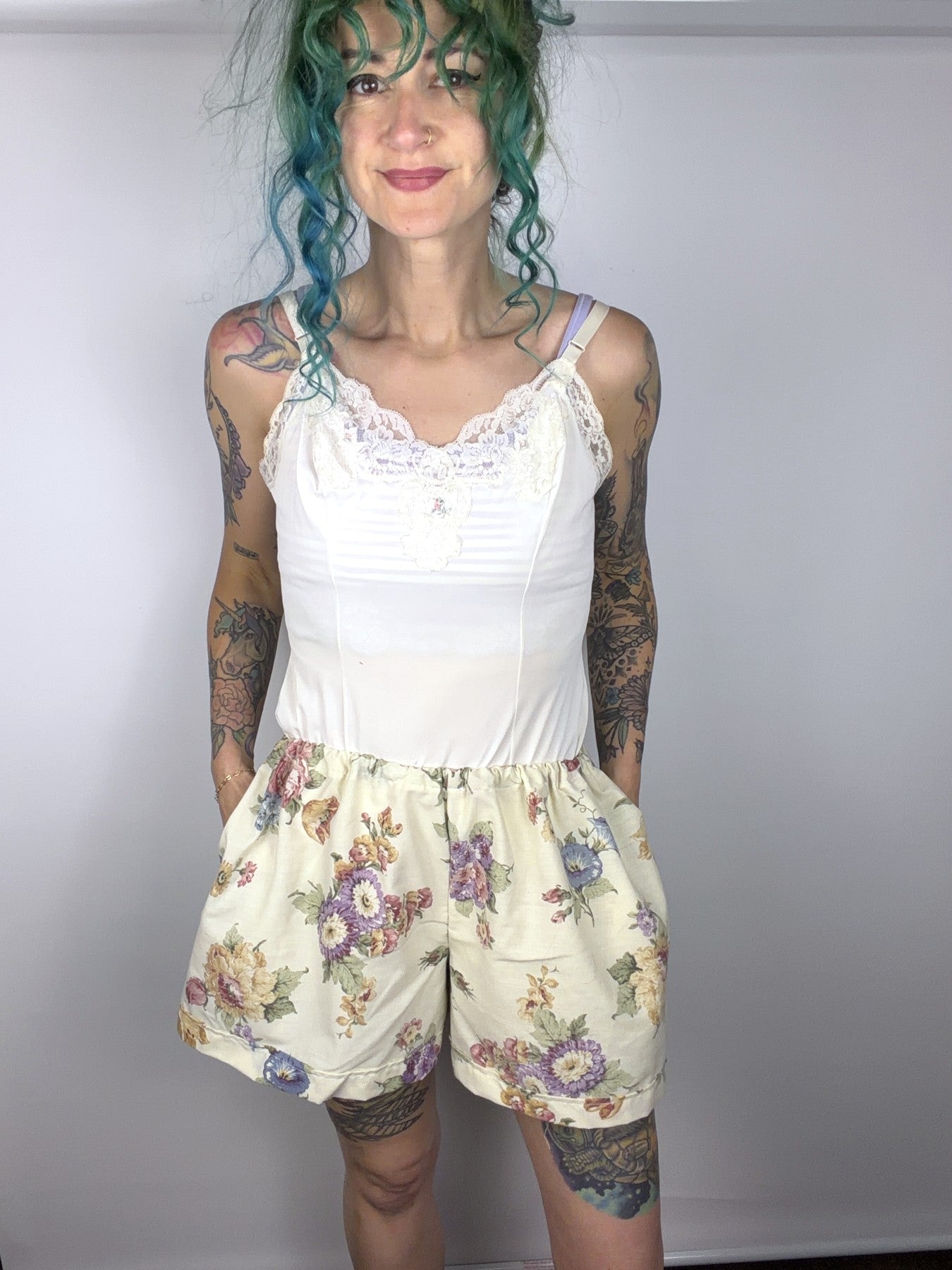 Upcycled floral sheet shorts by Time to Waste